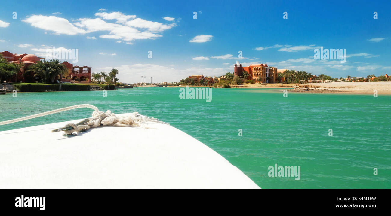Canals, buildings and resort equipment at El Gouna resort. Egypt, North Africa Stock Photo