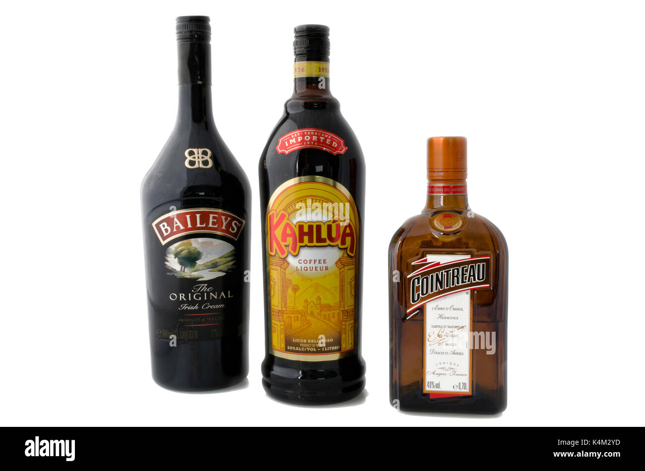 MOSCOW, RUSSIA - APRIL 17, 2015: Bottles of coffee liqueur Kahlua, triple sec Cointreau and Bailey's Irish Cream, which in equal parts form B-52 cockt Stock Photo