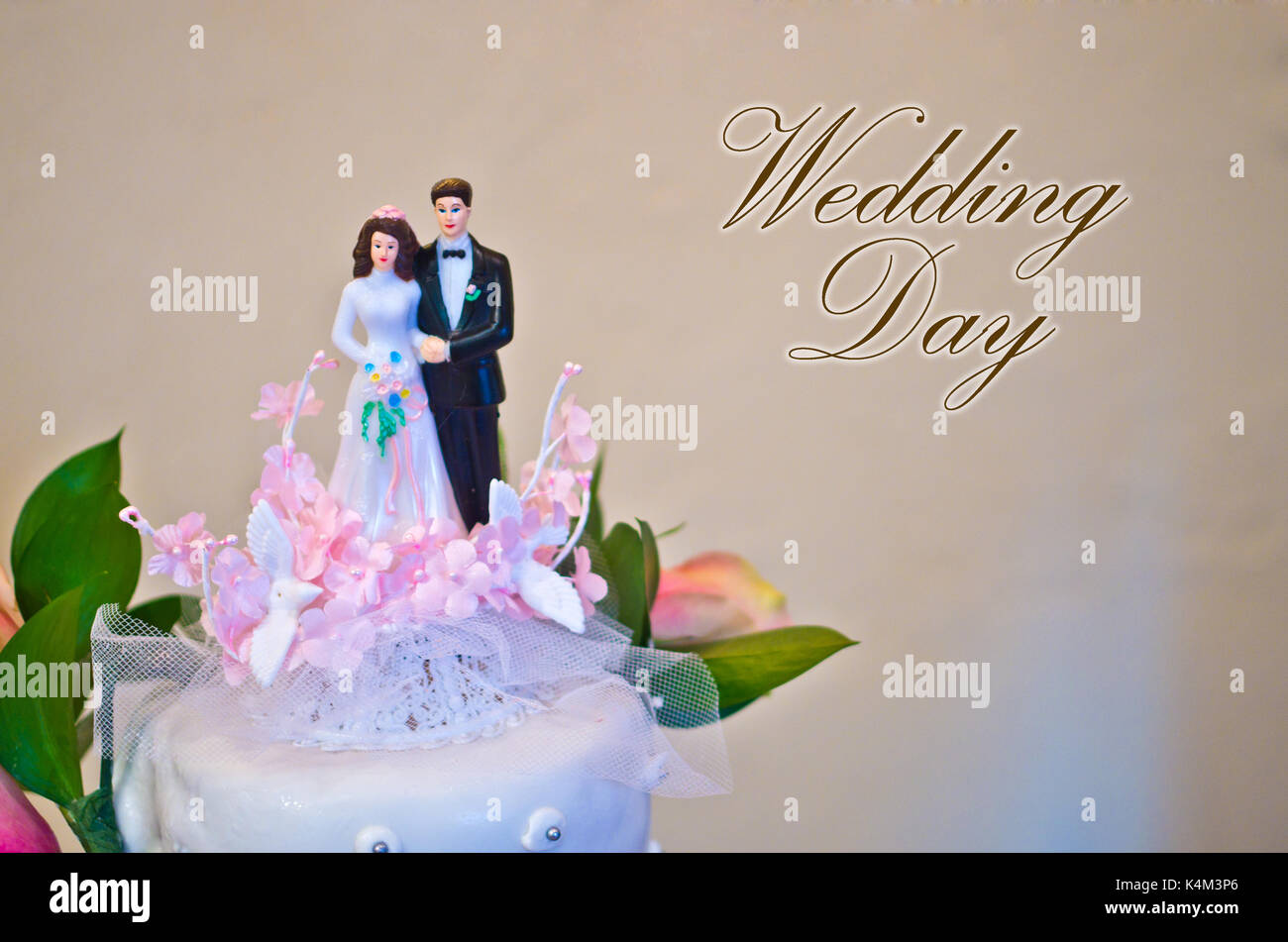 figurines of the bride and groom wedding cake wish all happiness to the newlyweds: wedding day Stock Photo