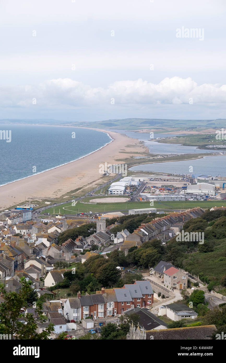 Sand strip between portland and the main land dorset Stock Photo Alamy