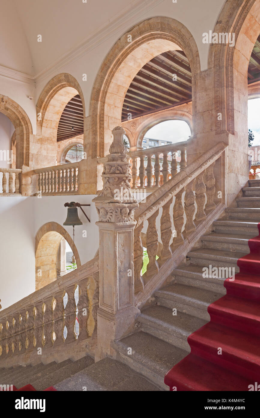 SALAMANCA, SPAIN, APRIL - 17, 2016:  The stairs to renaissance-baroque atrium of Colegio Arzobispo Fonseca. Stock Photo
