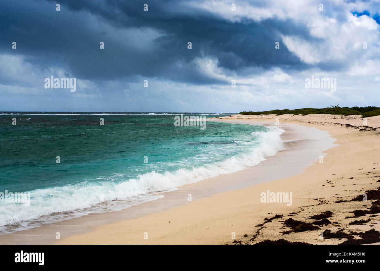 Dark clouds of an approaching storm over breaking waves on the deserted ...