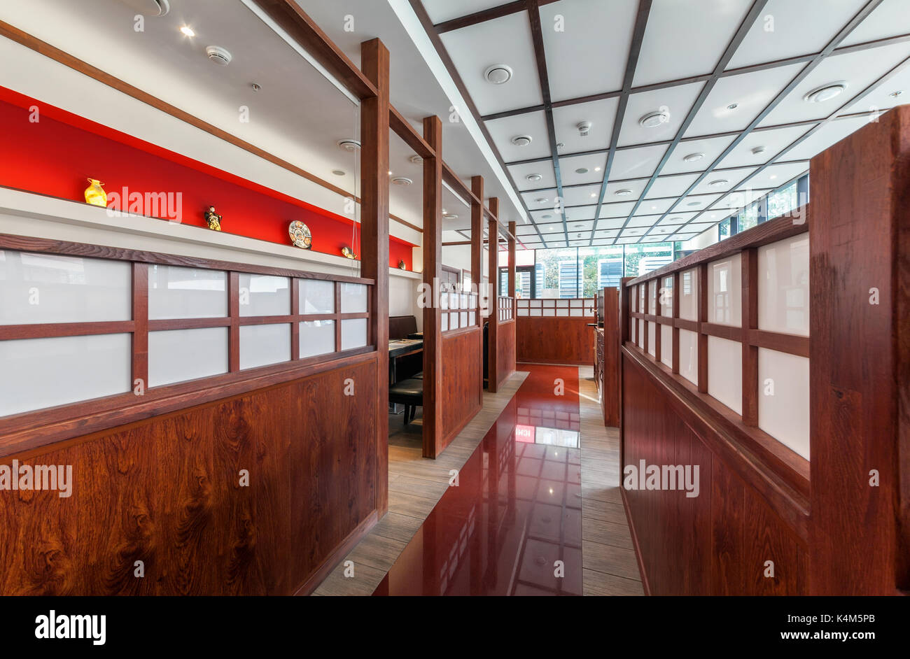 The interior is modern Japanese restaurant Ichiban Boshi. Hallway Stock Photo