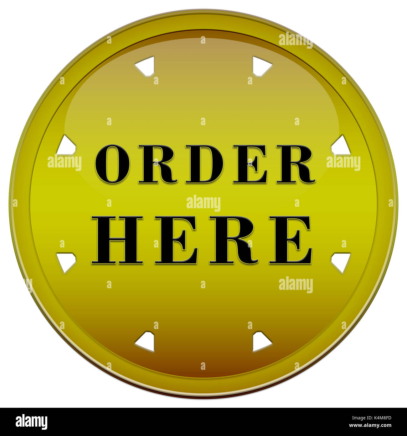 Circular gold button order here with arrows on a white background Stock ...