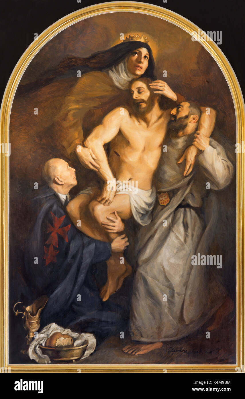 VIENNA, AUSTRIA - JULY 30, 2014: The symbolische painting of Deposition of the Cross with the carmelites sants St. Theresia and John of the Cross in c Stock Photo
