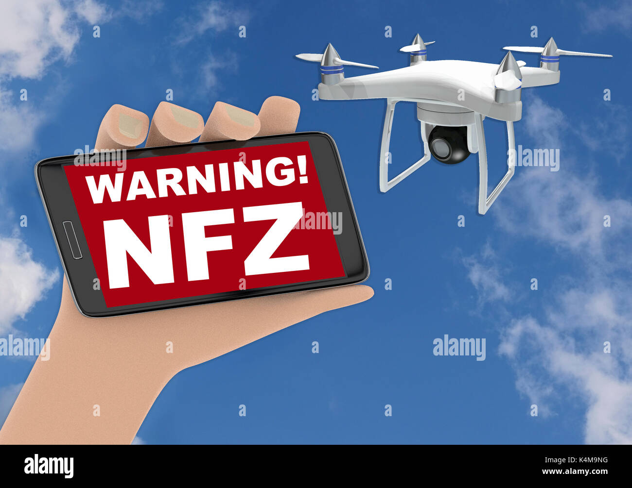 fast Trin kapillærer 3D render illustration of drone no fly zone warning concept - hand holding  smartphone with NFZ sign displayed and quadrocopter in the sky Stock Photo  - Alamy