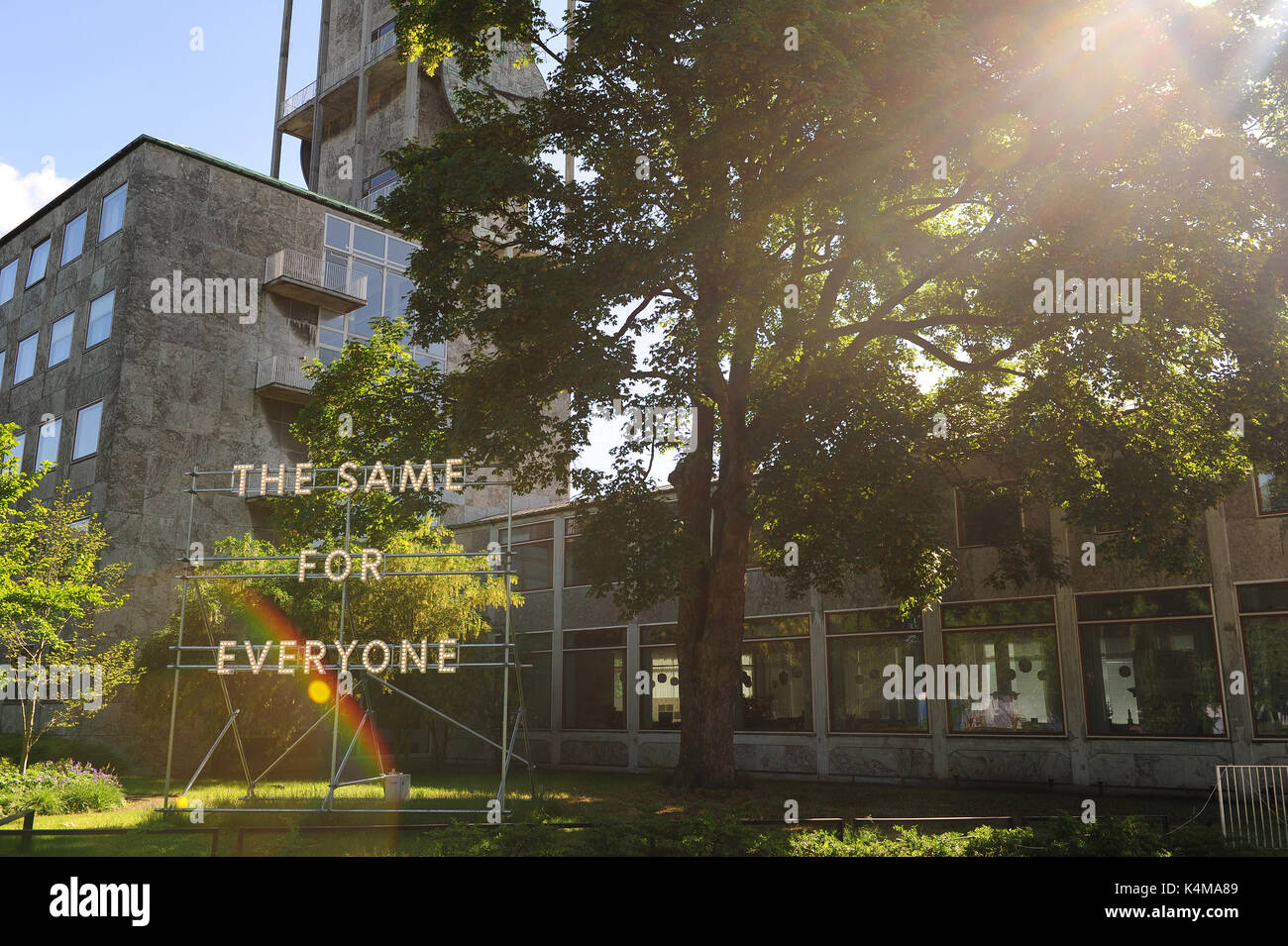 The installation 'The Same for Everyone' by acclaimed Scottish artist, Nathan Coley. The artwork is one of ten installations scattered around the enti Stock Photo