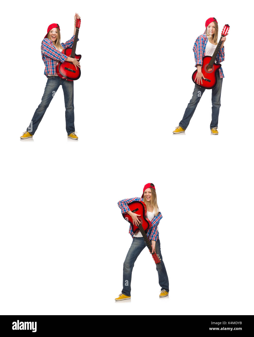 Hipster guitar player isolated on white Stock Photo