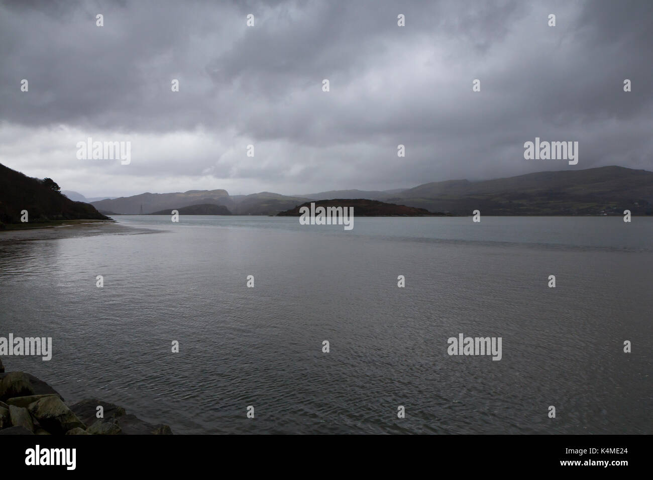 North Wales seascapes with hills and ominous grey skies Stock Photo