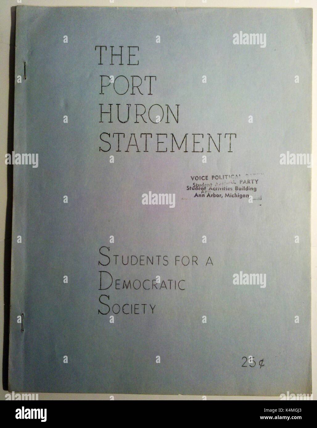 Cover image from a first edition of the Port Huron Statement, a political  manifesto from the protest group Students for a Democratic Society (SDS)  calling for reforms to American society, 1962 Stock