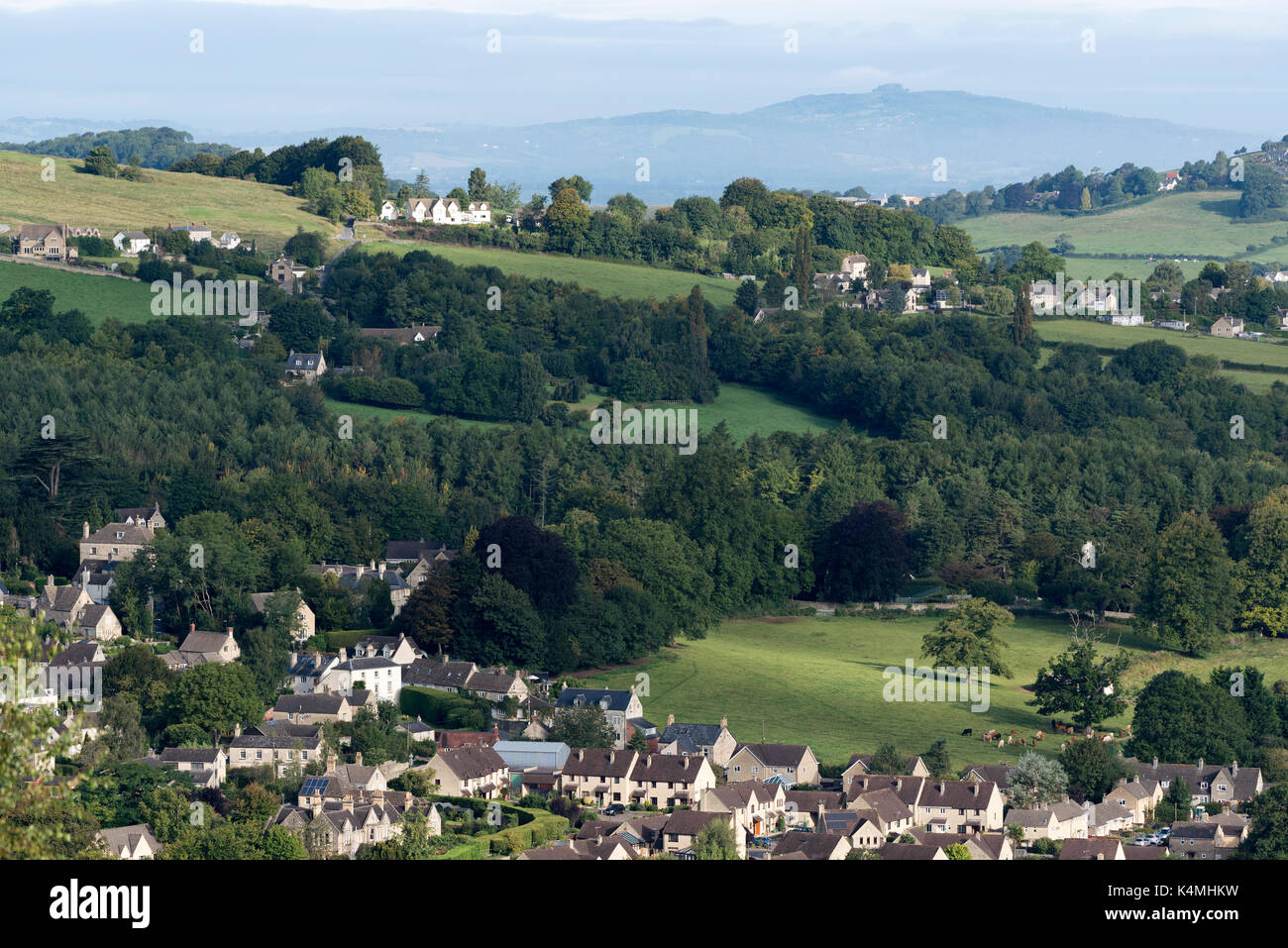 An early morning view from Amberley Gloucestershire England UK over the Nailsworth Valley and Longhope towards May Hill. The southern Cotswolds region. Stock Photo