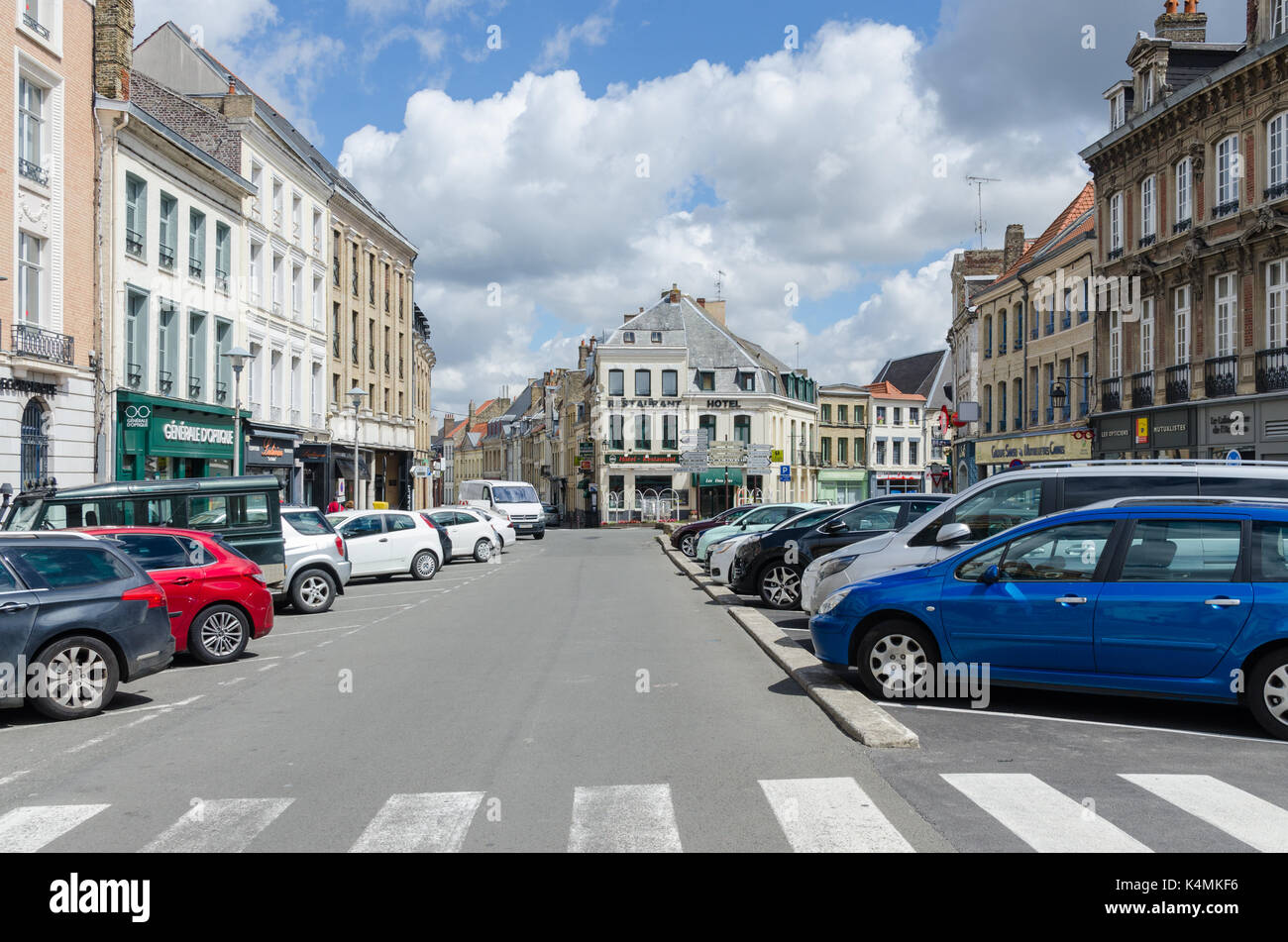 View along Place Victor Hugo in SaintOmer, Northern France Stock Photo