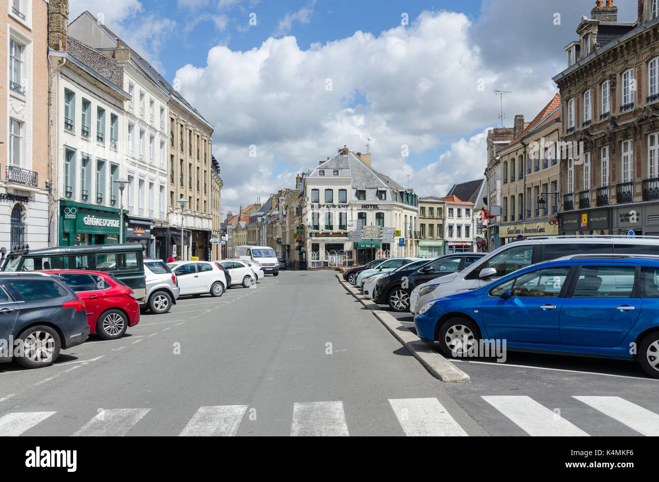 View along Place Victor Hugo in Saint-Omer, Northern France Stock Photo