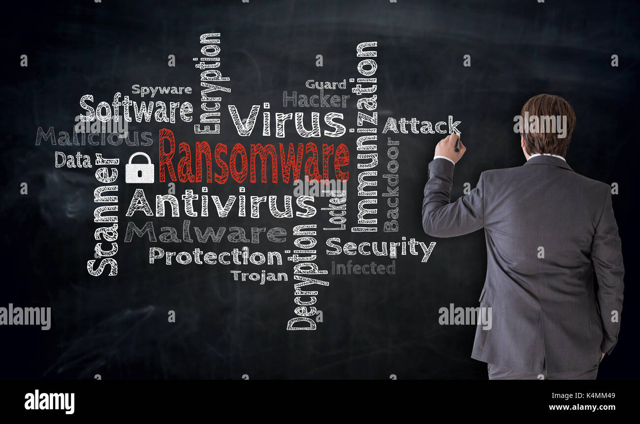 Businessman writes Ransomware Cloud on blackboard concept. Stock Photo
