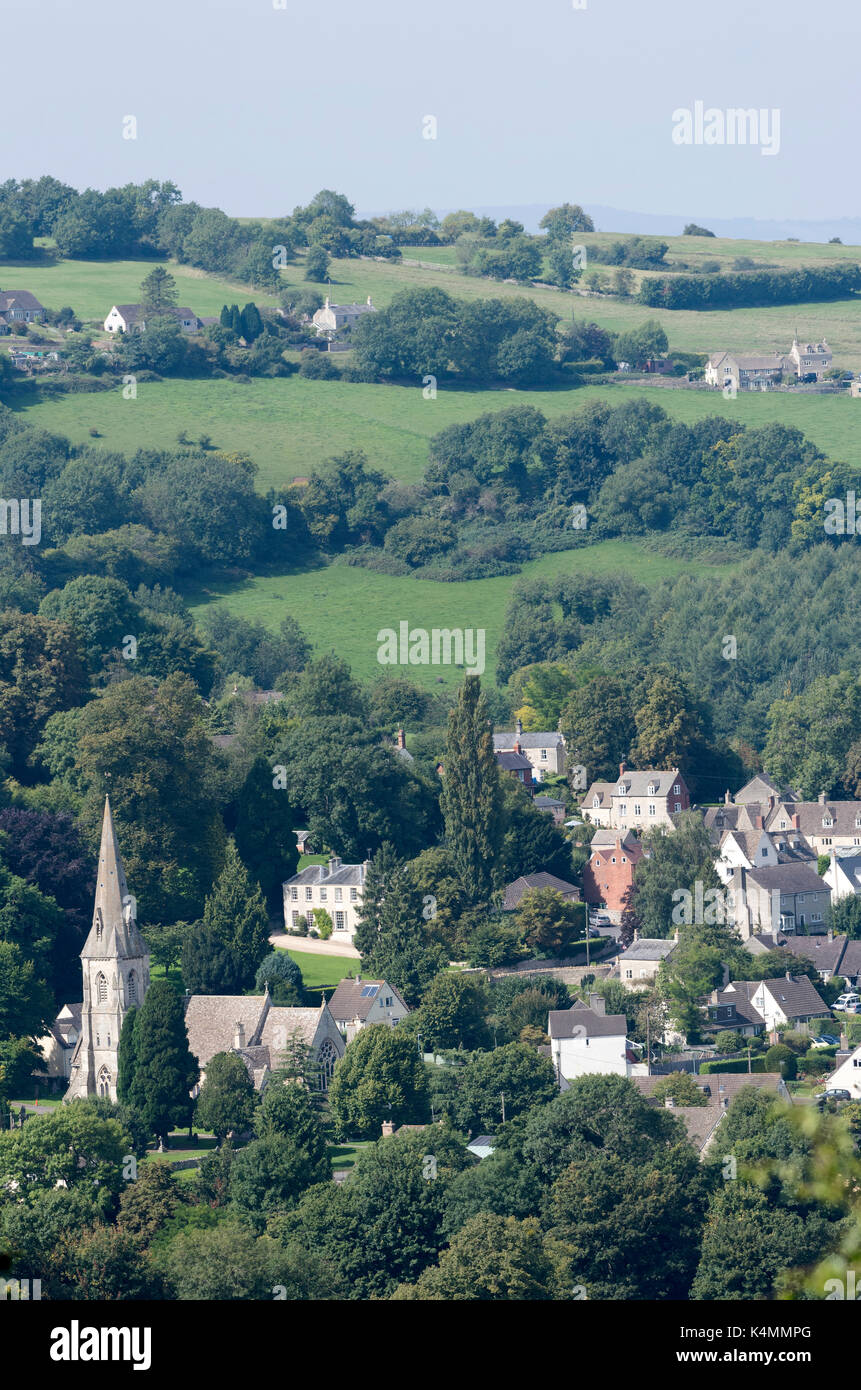 An overview of Woodchester and St Marys Church from Amberley Gloucestershire England UK over the Nailsworth Valley Stock Photo