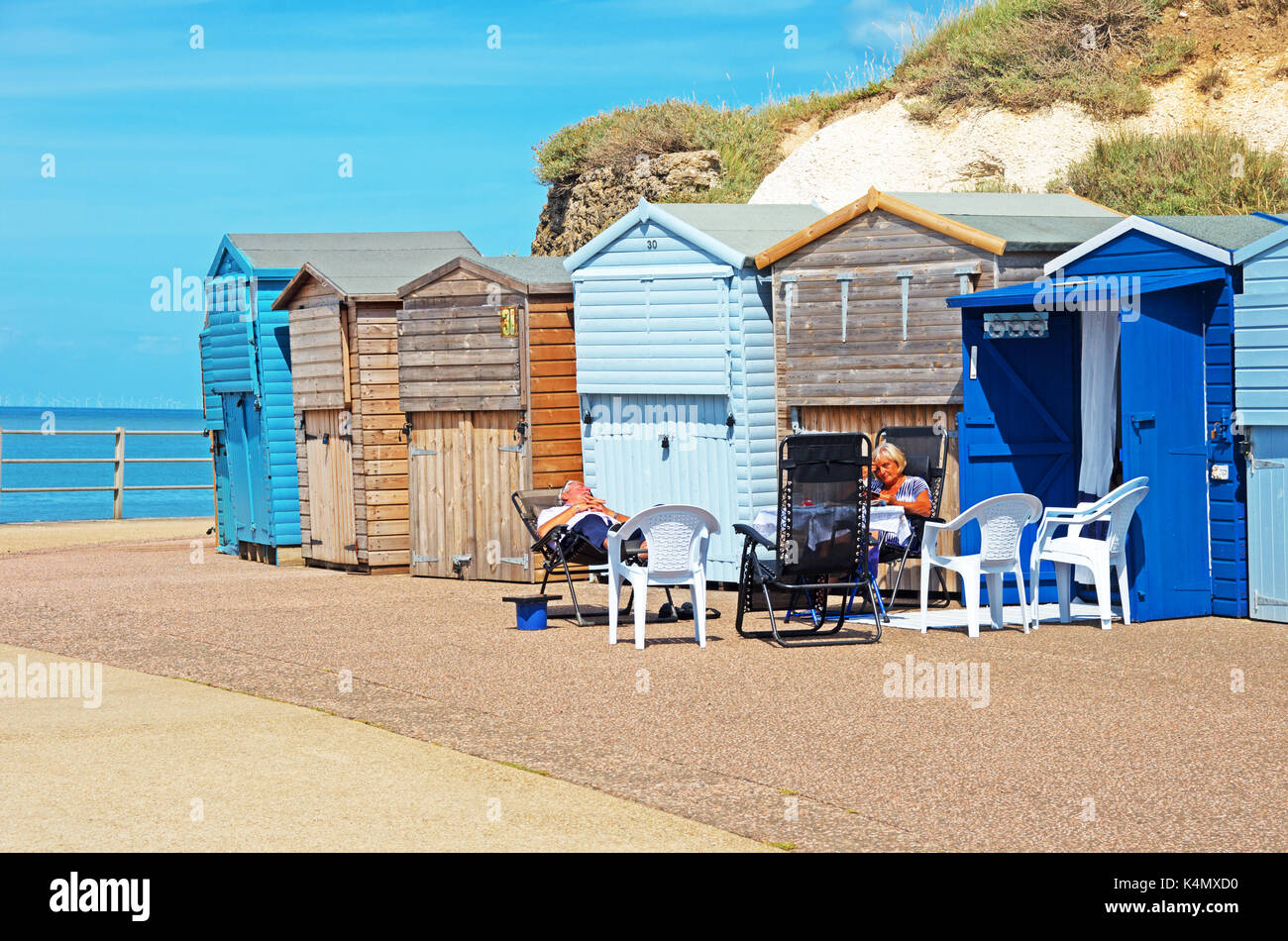 St Mildreds Bay, Beach Huts Westbgate on Sea, Kent, England Stock Photo