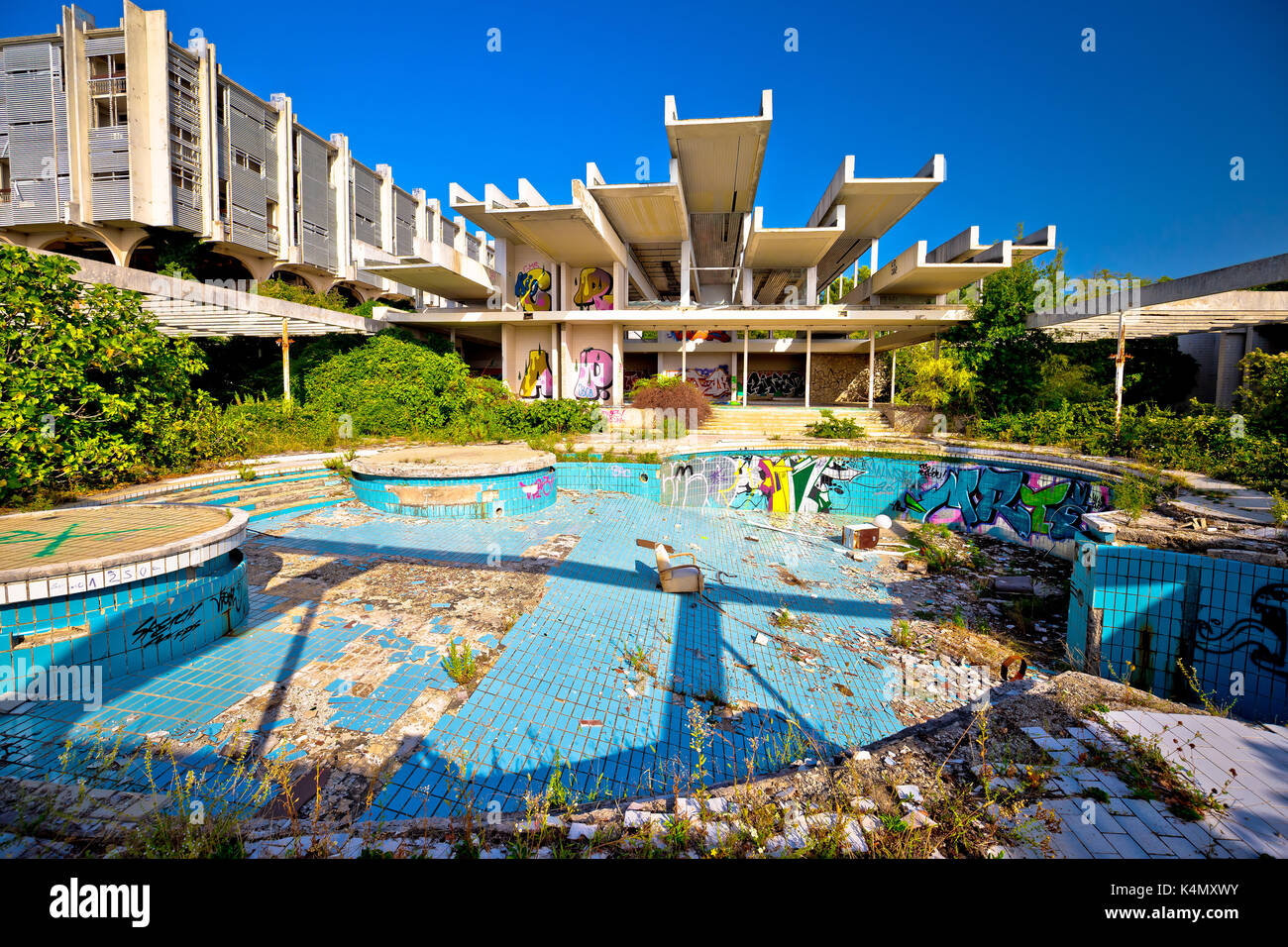 Krk, Croatia, August 31 2017: Abandoned and destructed luxury hotel Palace Haludovo in Malinska, Island of Krk, Croatia. In 1970's and 1980's it was t Stock Photo