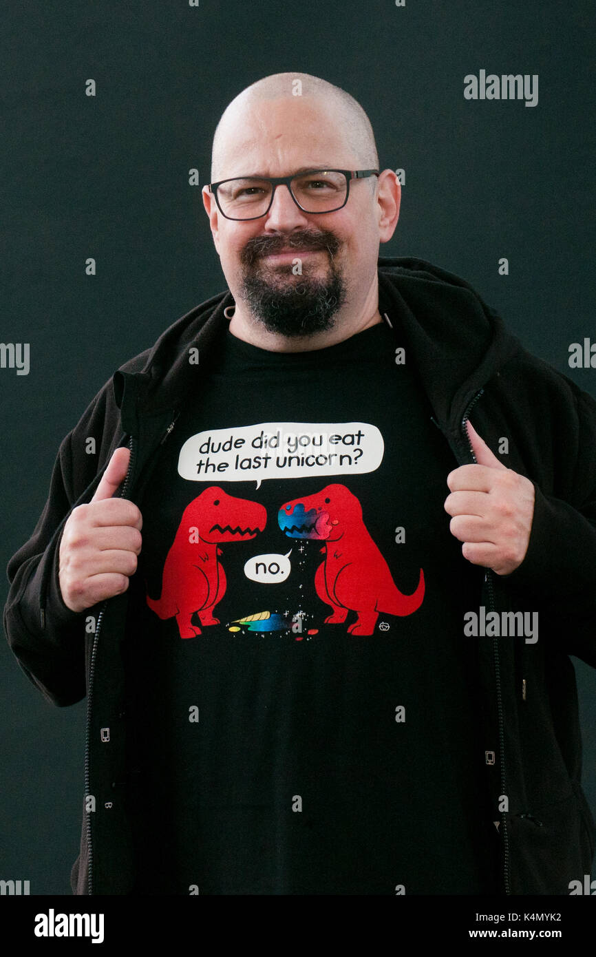 Award-winning British writer of science fiction, Lovecraftian horror, and fantasy Charles Stross attends a photocall during the Edinburgh Internationa Stock Photo