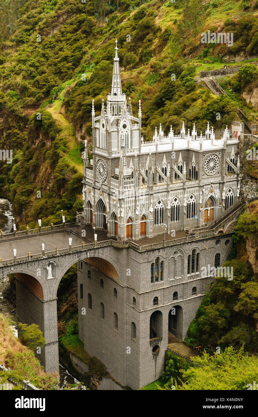 Colombia, church of Las Lajas  built between 1916 and 1948 is a popular destination for religious believers from all part of Latin America, topographi Stock Photo