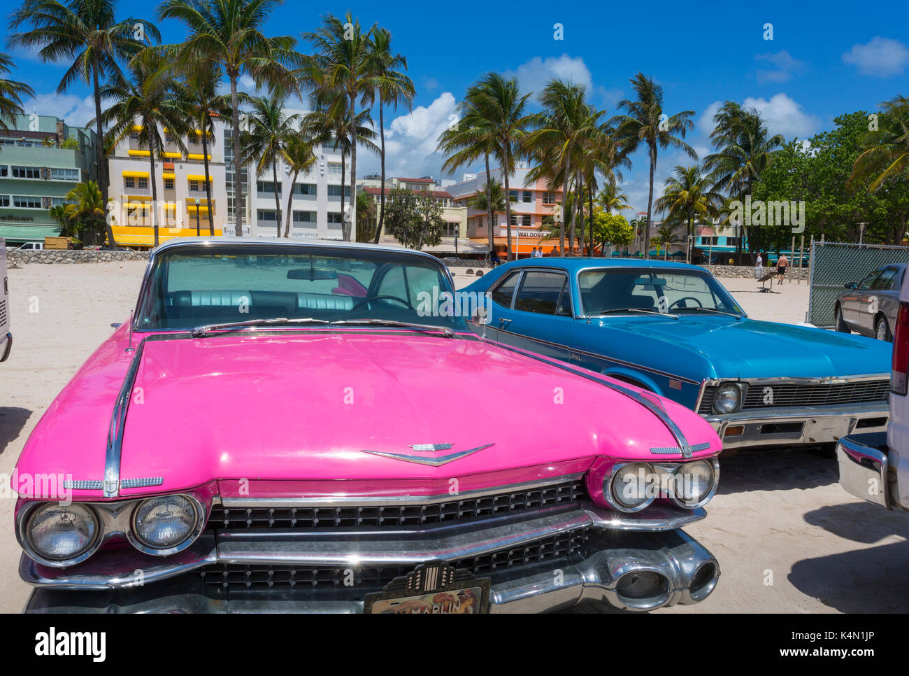 Classic cars on Ocean Drive and Art Deco architecture, Miami Beach, Miami, Florida, United States of America, North America Stock Photo