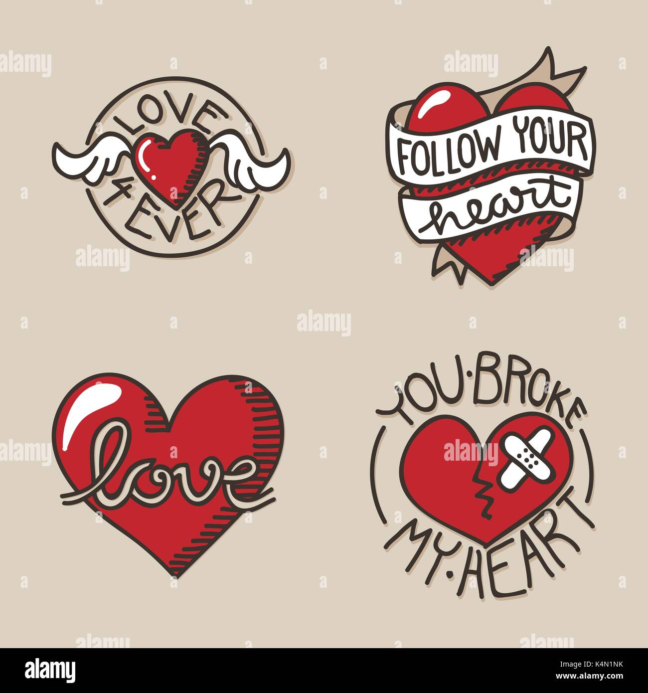 Set of love related icons, with hand lettering and handdrawn heart Stock Vector