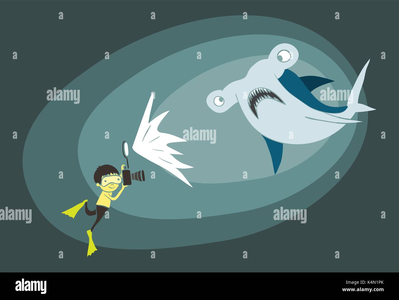 Illustration of a diver boy taking a photo of a hammerhead shark underwater Stock Vector