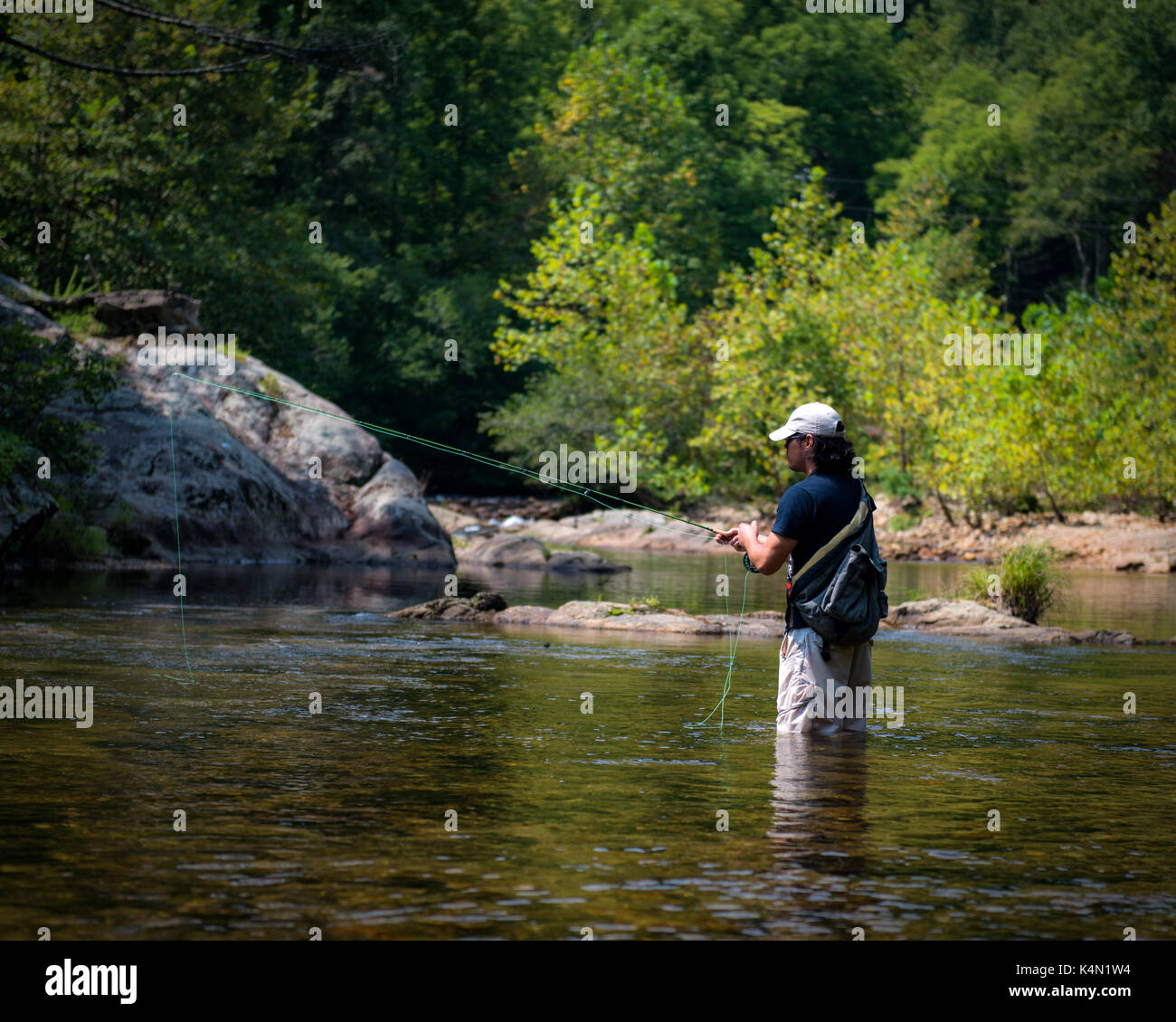 Trout Fishing Guide Man Uses Trout Rod to Fish for Trout,Bass