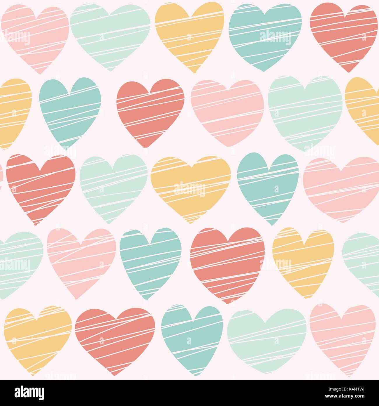 Seamless hand drawn hearts pattern. Retro colors. Stock Vector