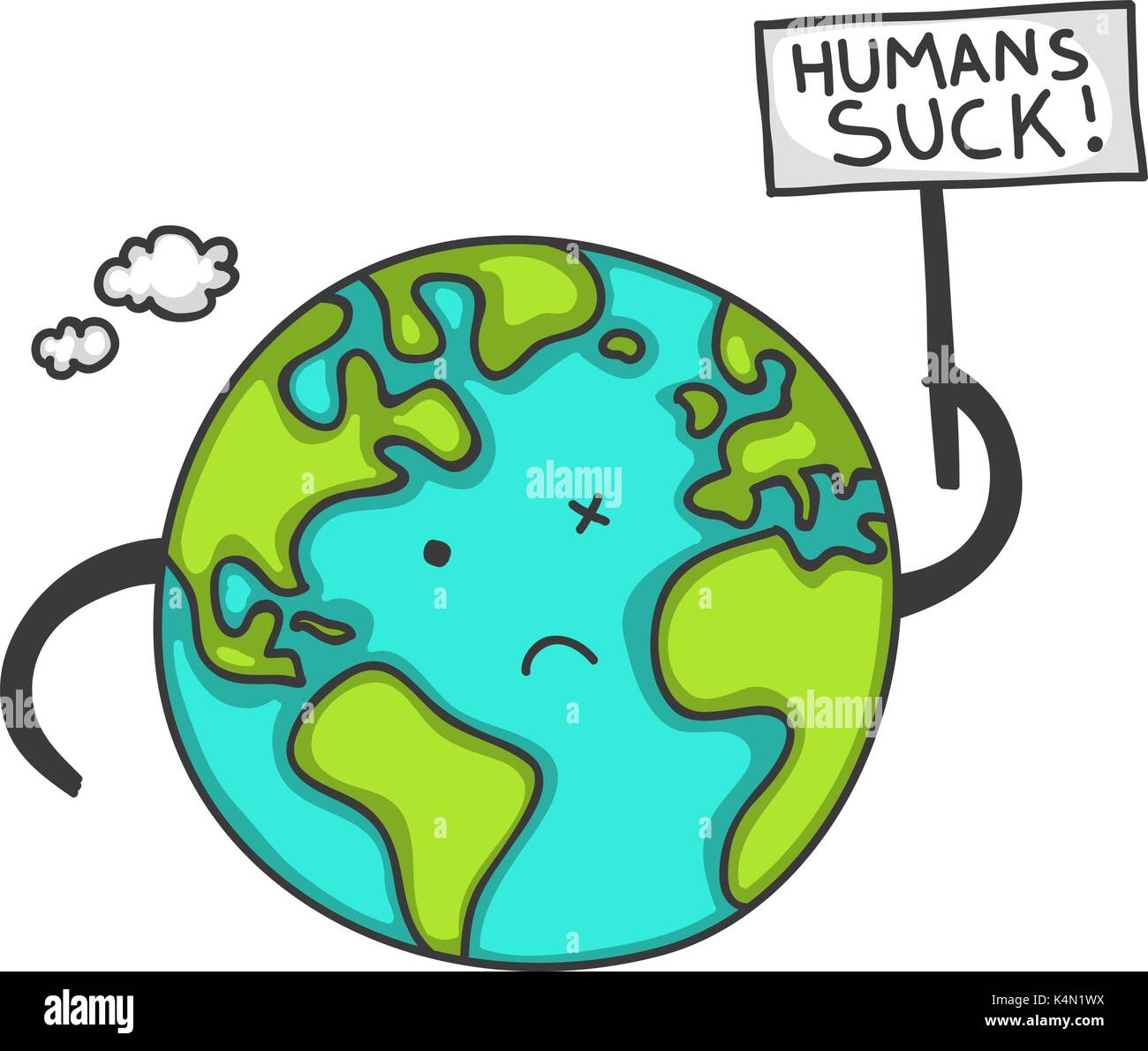Cute cartoon Earth protesting with a sign saying Humans Suck! You can replace the text with your message. Stock Vector