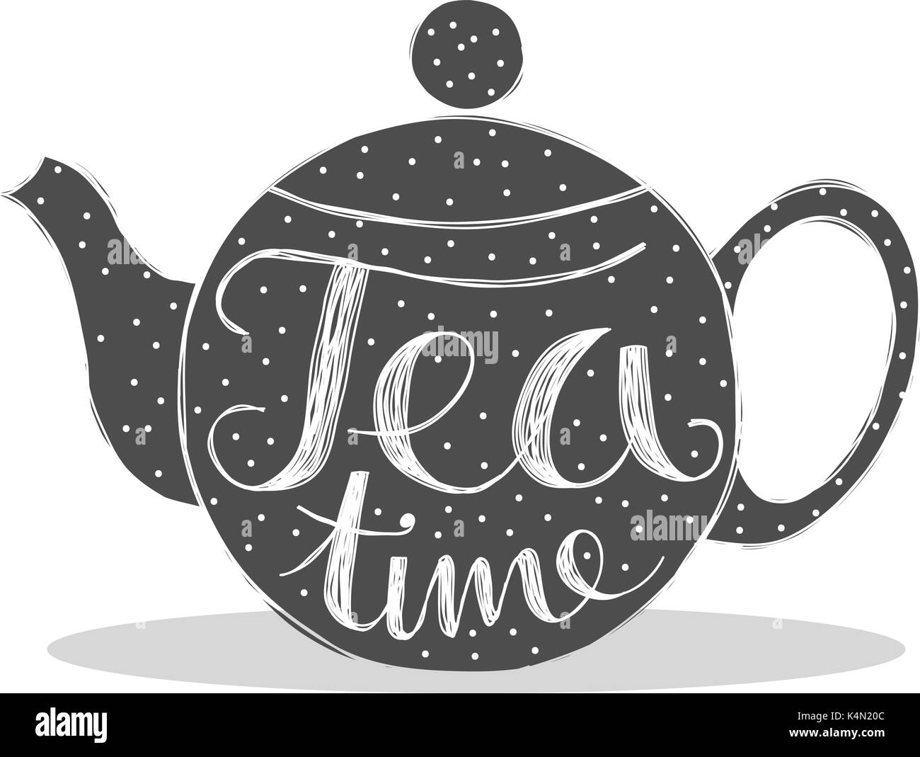 Cute tea pot with dots and the quote tea time hand written Stock Vector