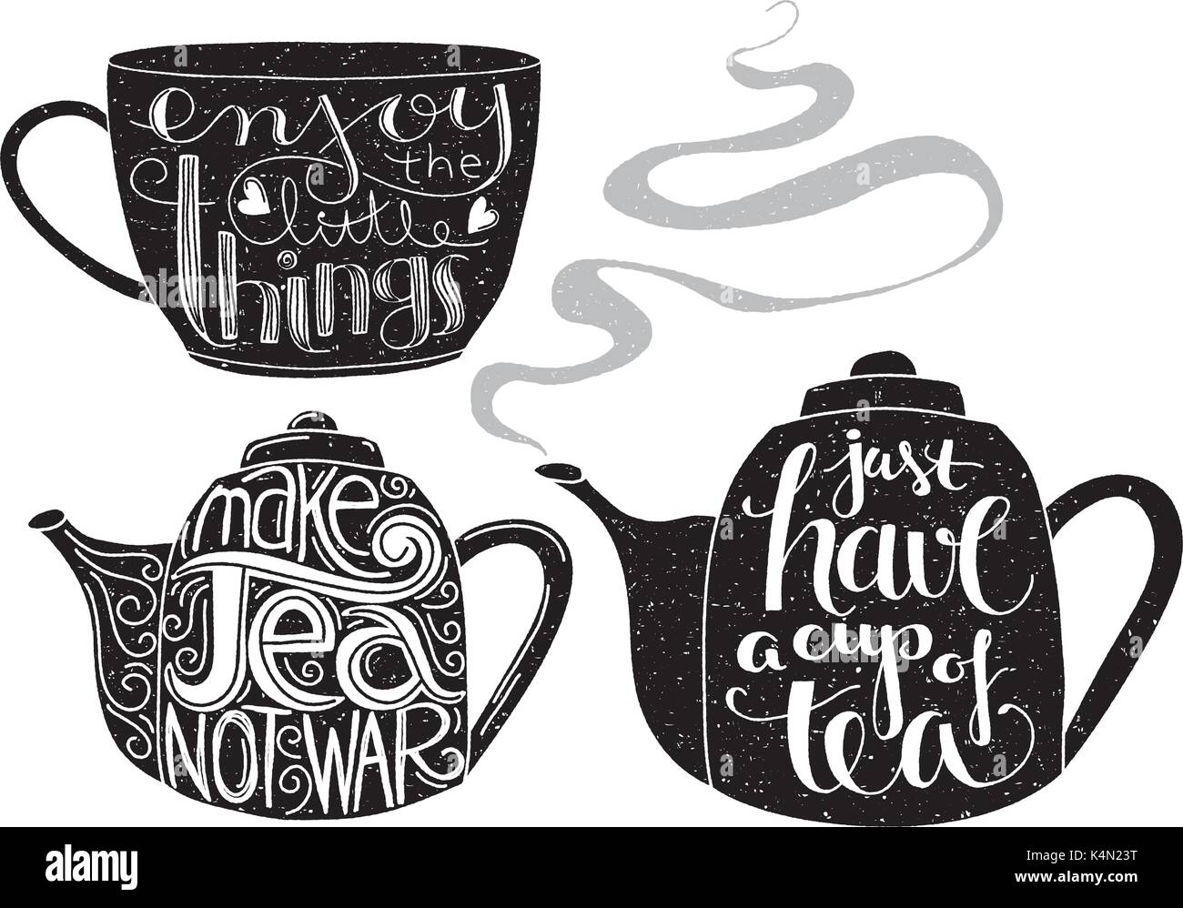Teapots and teacup with quotes. Hand lettering and grunge effect Stock