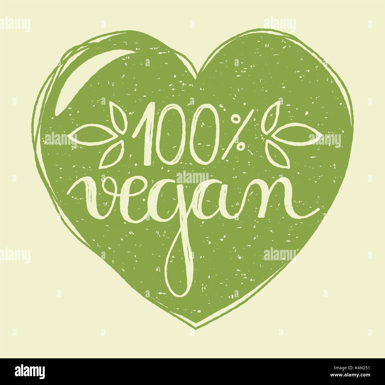 Hand lettering of the text 100 percent vegan in a hand drawn green heart with grunge stamp effect. Stock Vector