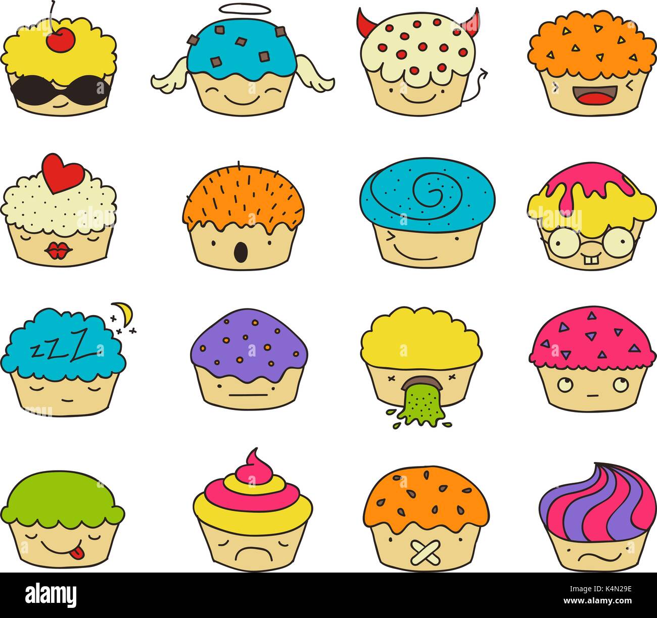 Cute and colorful kawaii style muffin emoticons collection expressing different emotions or feelings. Stock Vector