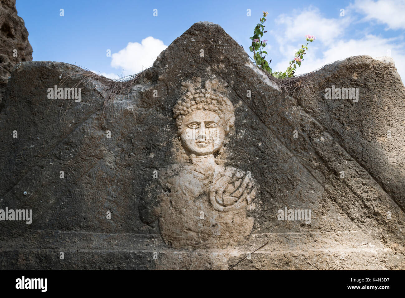 Gravestone carving in the ruins of Al-Bass, Tyre, Lebanon Stock Photo