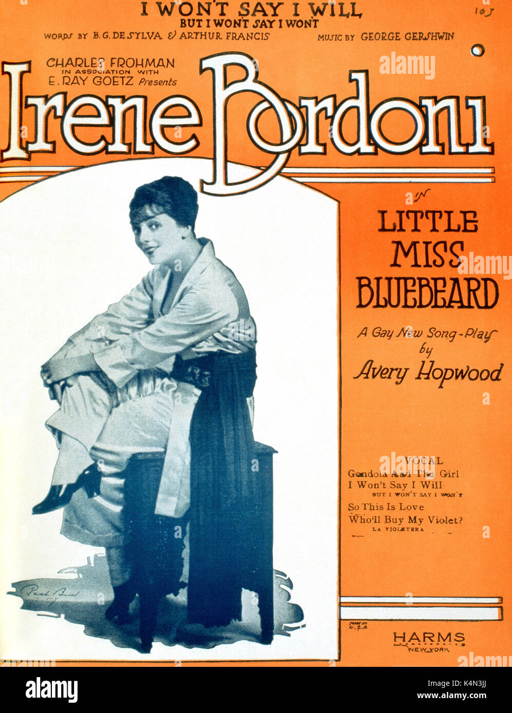 GERSHWIN - LITTLE MISS BLUEBEARD Cover of score for 'I won't say I will, but I won't say I won't' from song-play by Avery Hopwood; Music by Gershwin with Irene BORDONI (Singer and Dancer, 1895-1953) Stock Photo