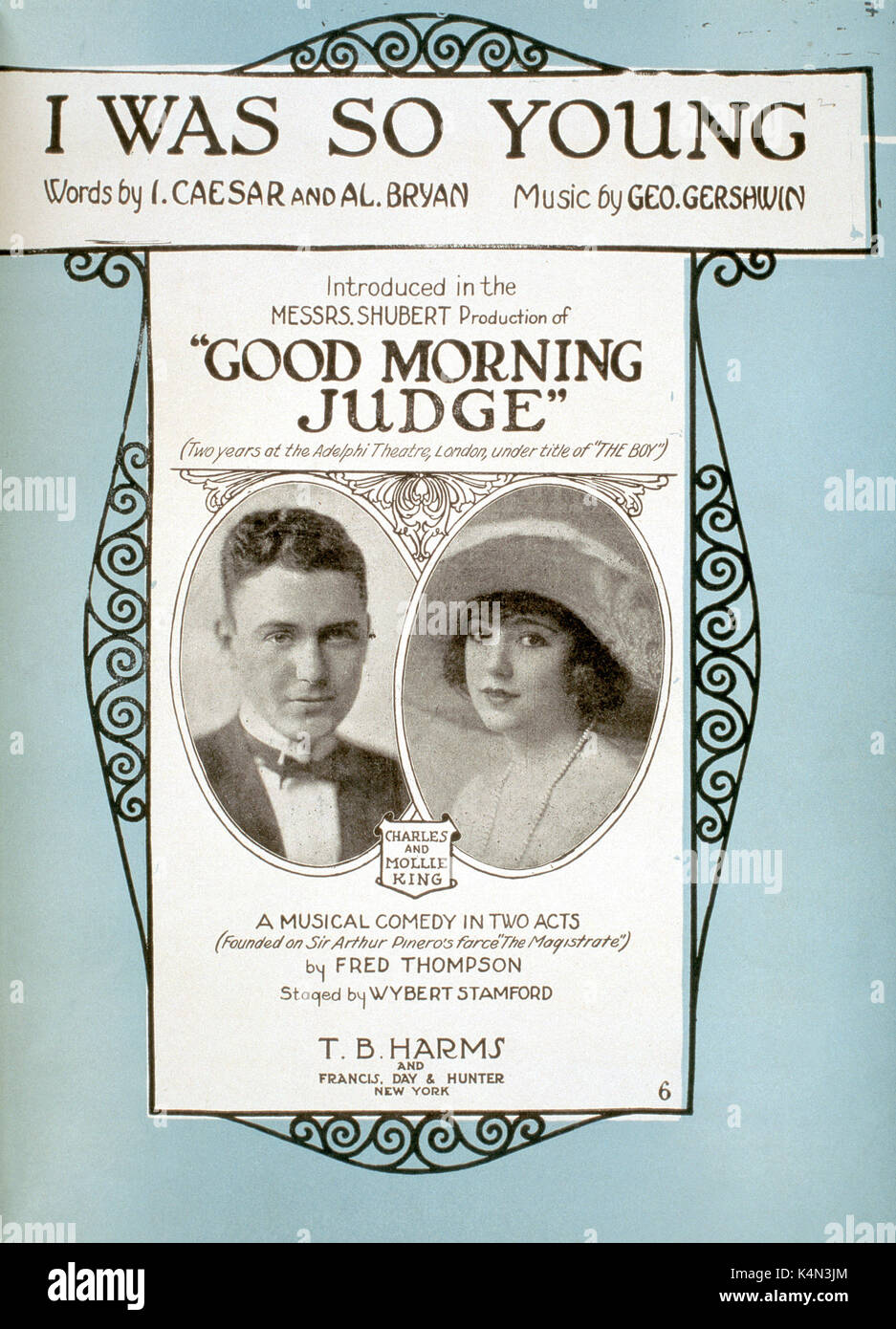 George Gershwin's 'I Was So Young' score cover. Song from 'Good Morning Judge'.  Photographs of Charles and Mollie King.  American composer and pianist (1898-1937). Stock Photo