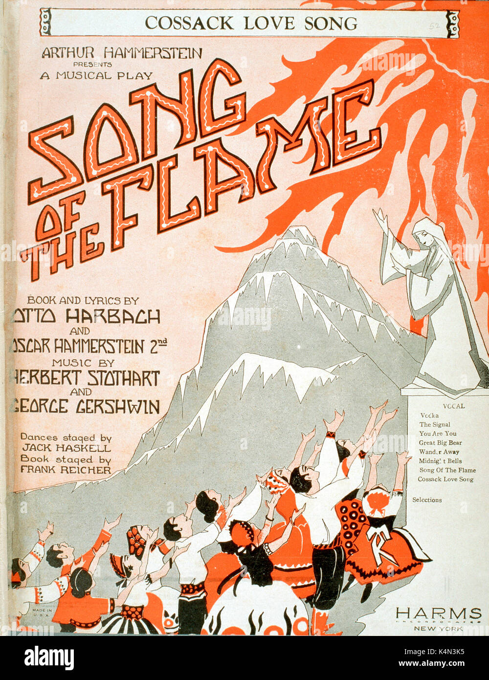 George Gershwin's 'Song of the Flame' score cover, musical comedy.  Lyrics by Otto Harbach and Oscar Hammerstein (II); Music by Herbert Stothart and George Gershwin.  Presented by Arthur Hammerstein. Stock Photo