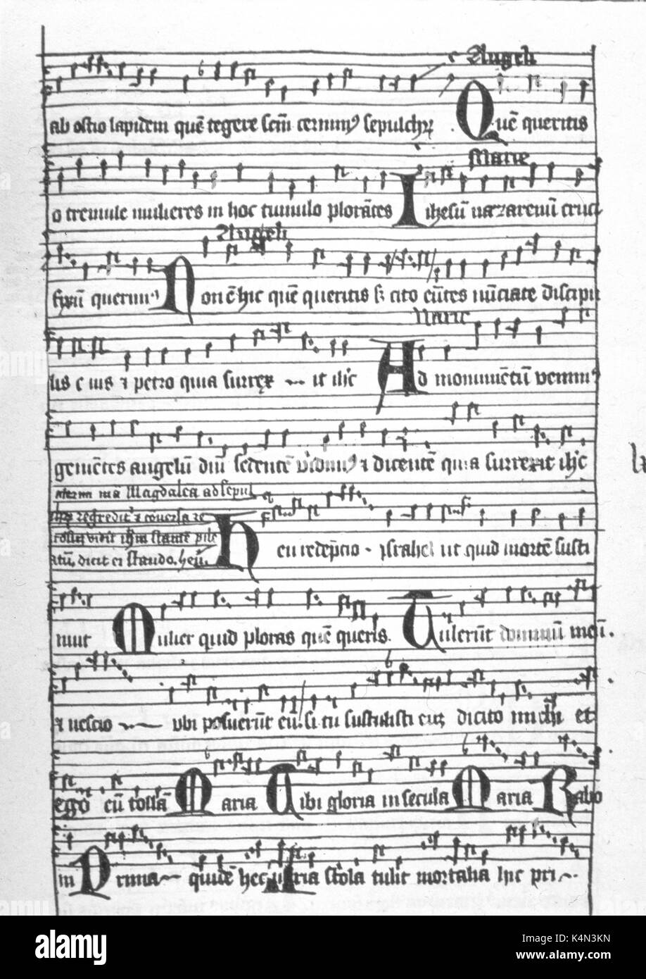 Medieval  Manuscript of Easter Chant, c1420. Example of Gregorian chant. Plainsong. Liturgical Music.  5 line stave. Stock Photo