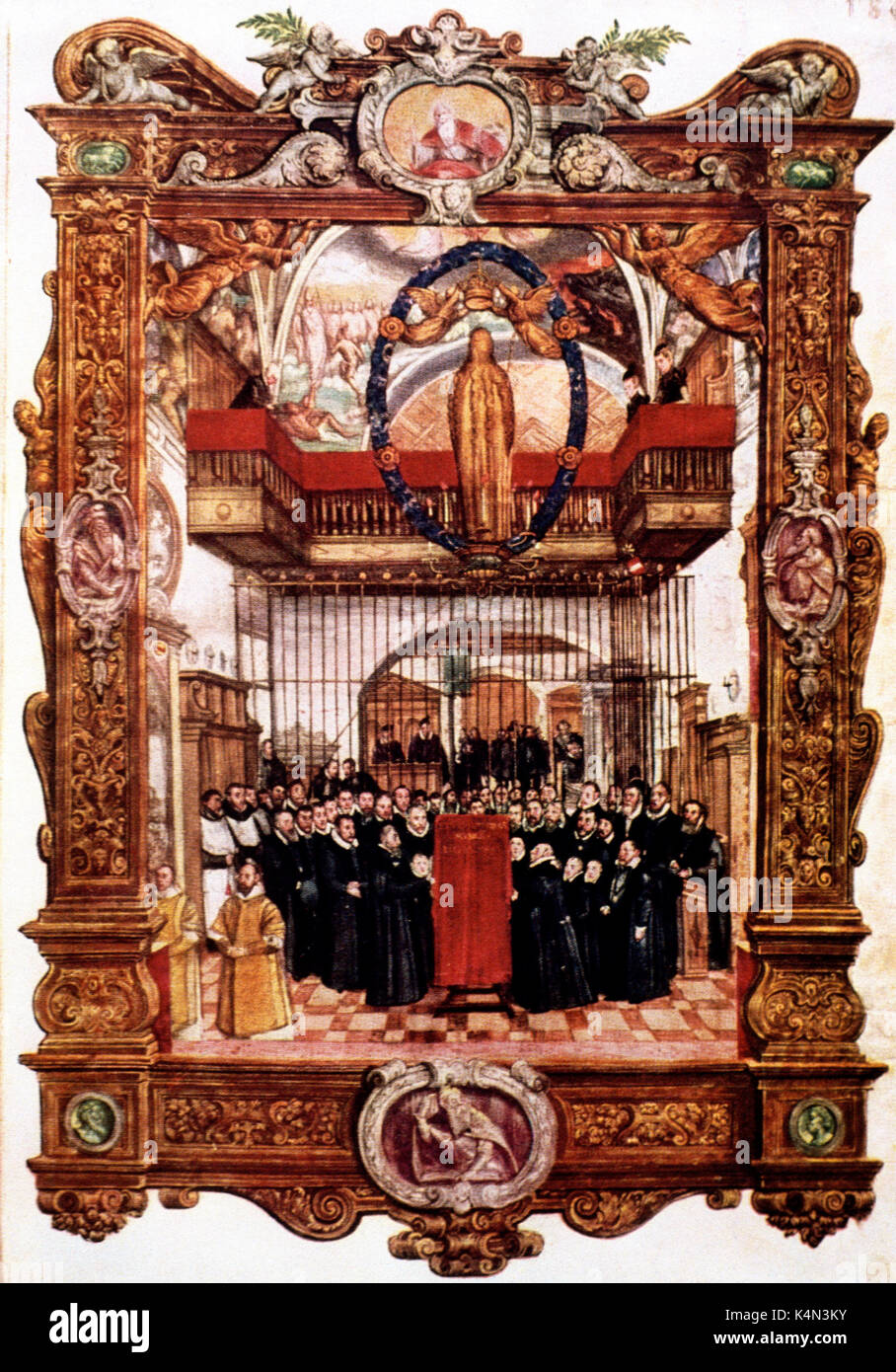 Lassus, Roland de / Orlando di Lasso - composer, contrapuntist, choirmaster from the Netherlands.  Scene of him with choir in service at Laurentius Hofpfarrkirche, Munich, Chapel Royal,  Hofkapelle  (Bavarian chapel royal) . LASSUS (in yellow) stands to the left of the pulpit. Detail from book of psalms by Lassus illumination by Hans Mielich, 1565-60. (HM 1516-73).    Lassus- 1532 - died Munich 14 June, 1594. Stock Photo