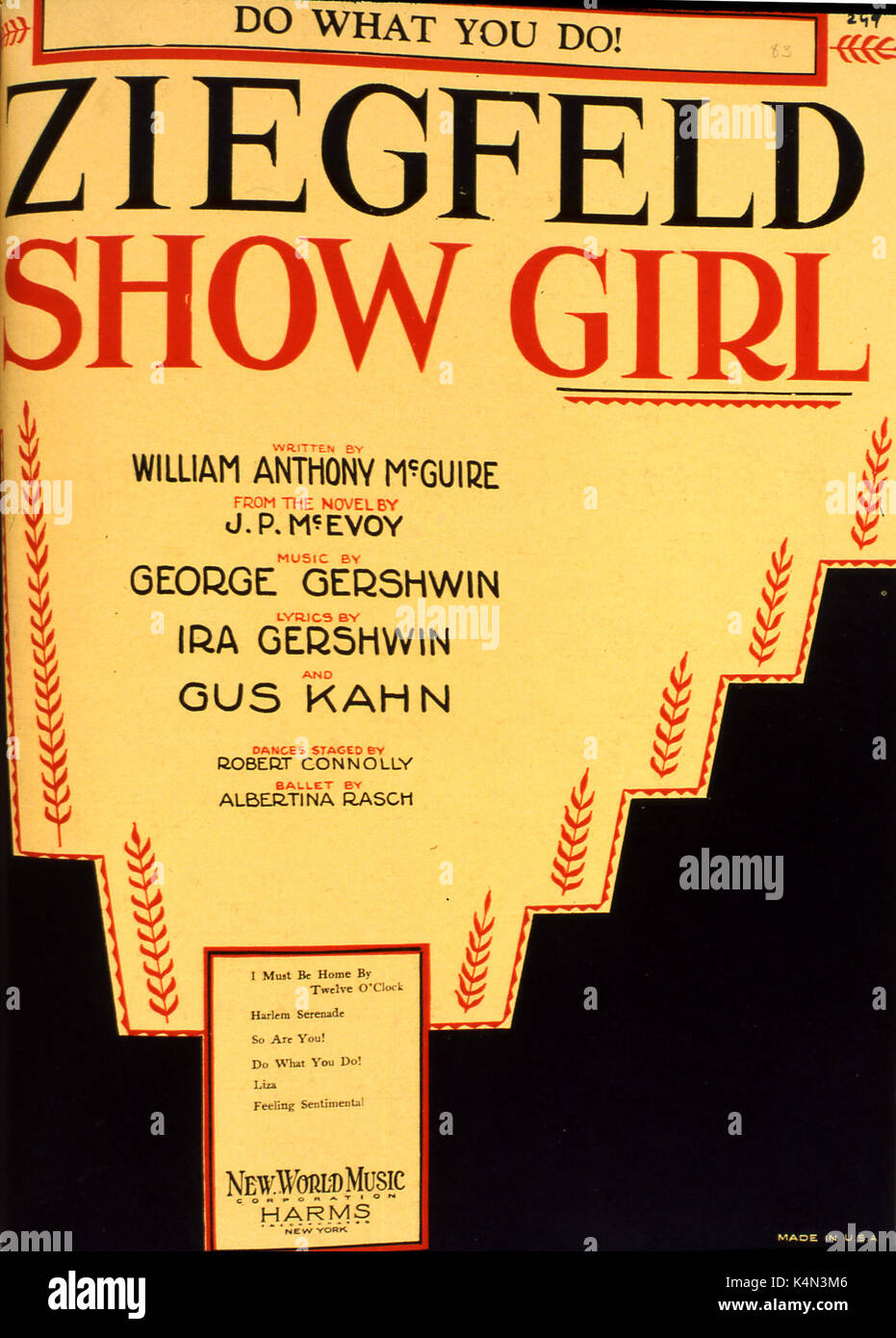 George GERSHWIN - ZIEGFIELD SHOW GIRL Cover of score.  Written by W A McGuire; from the novel by J P McEvoy;  Music by G Gershwin;  Lyrics by Ira Gershwin and Gus Kahn.  Dances by Robert Connolly; Ballet by Albertina Rasch Produced in America Stock Photo