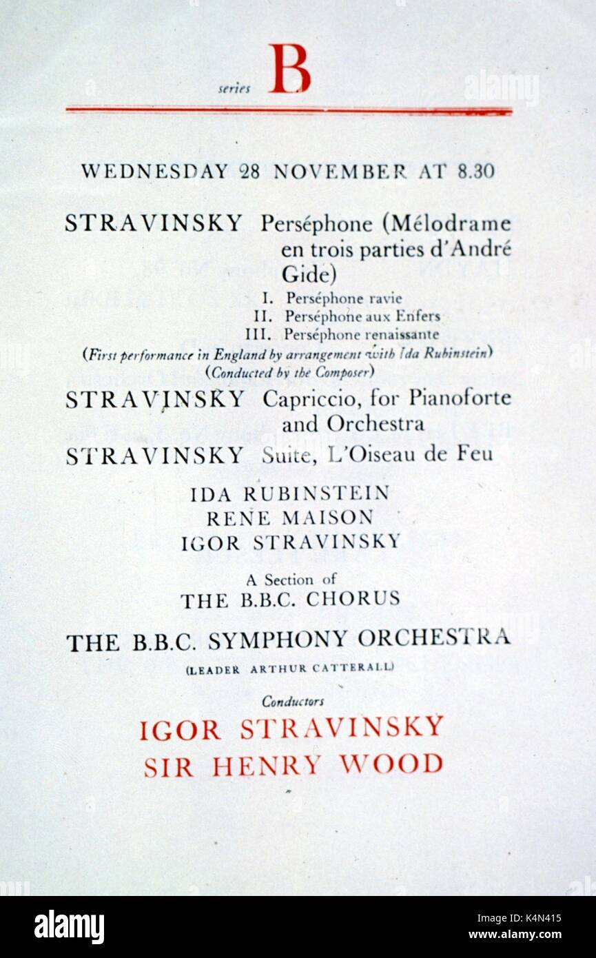 STRAVINSKY, Igor - Programme, November 1935.  Concert at Queen's Hall / Queens Hall, of STRAVINSKY's Perséphone; Capriccio; Firebird Suite.  Conducted by STRAVINSKY and Henry WOOD.  with Ida RUBINSTEIN and Rene MAISON Stock Photo