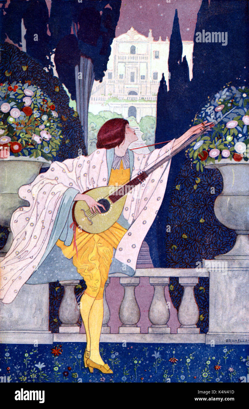 Oud-type instrument being played.  An instrument with unusually extended neck. Illustrated cover of programme for 1919 production of Rabaud's 'Marouf, Savetier du Caire' (Marouf, Cobbler of Cairo) at Theatre National de L'Opera Comique, Paris.  Exotic arabian nights style illustration. Courtly love Stock Photo