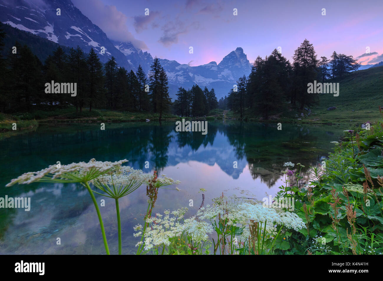 Sunrise from famous Blue Lake (Il Lago Blu), Cervinia, Valtournanche, Aosta Valley, Italy, Europe Stock Photo