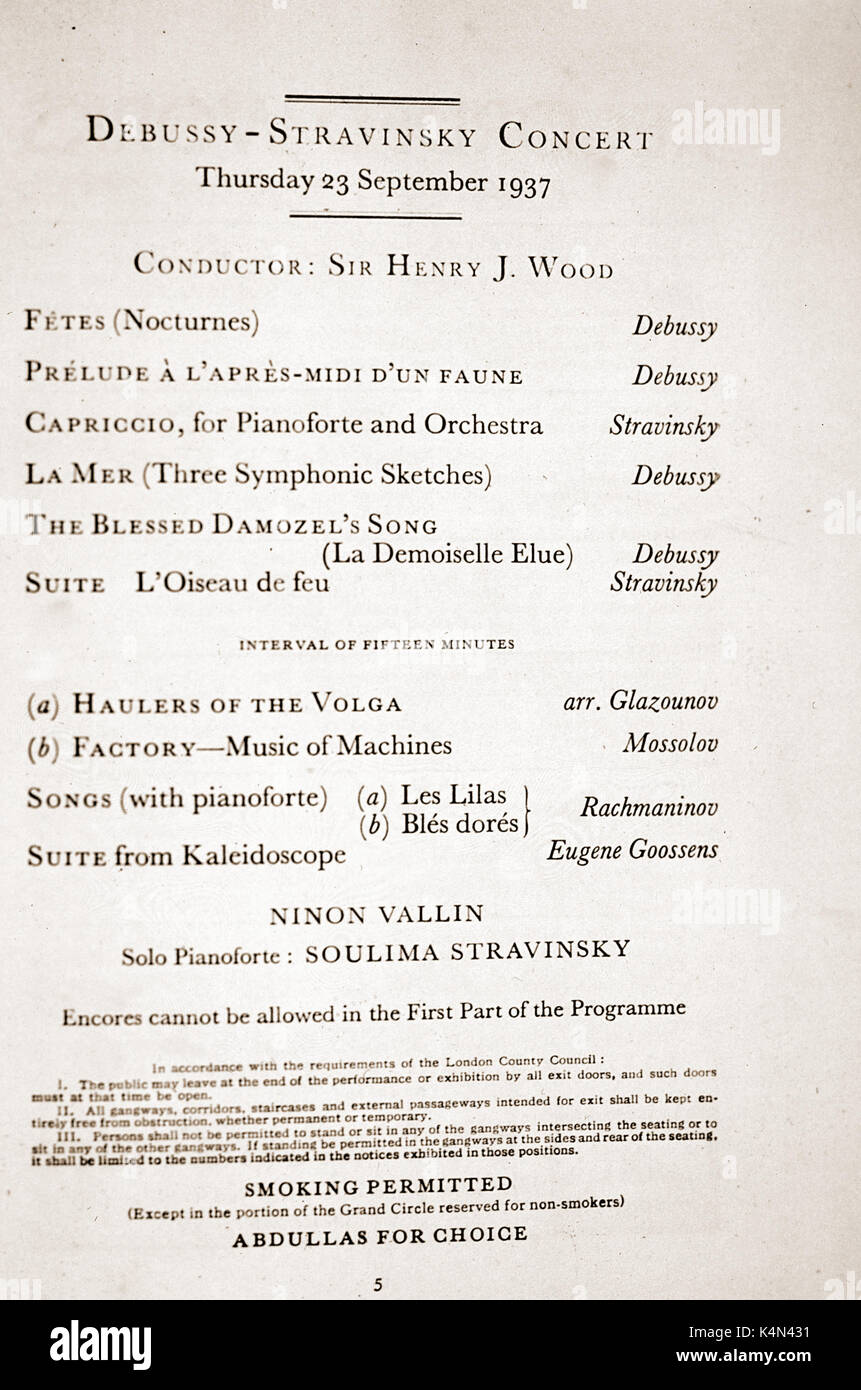 STRAVINSKY, Igor  - Concert, 23 September 1937.  Programme notes for Music by Stravinsky and Debussy including S's 'Firebird Suite' and 'Capriccio' for Piano and Orchestra - played by S's son, Soulima.  Conducted by Henry Wood Stock Photo