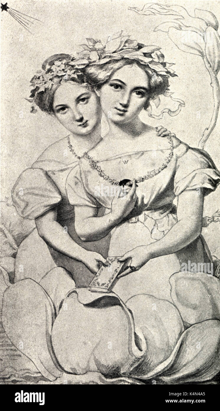 MENDELSSOHN's sisters, Fanny and Rebecca(on left),  1828. Sepia, by Wilhelm Hensel (1794-1861). German composer, 1809-1847. Stock Photo