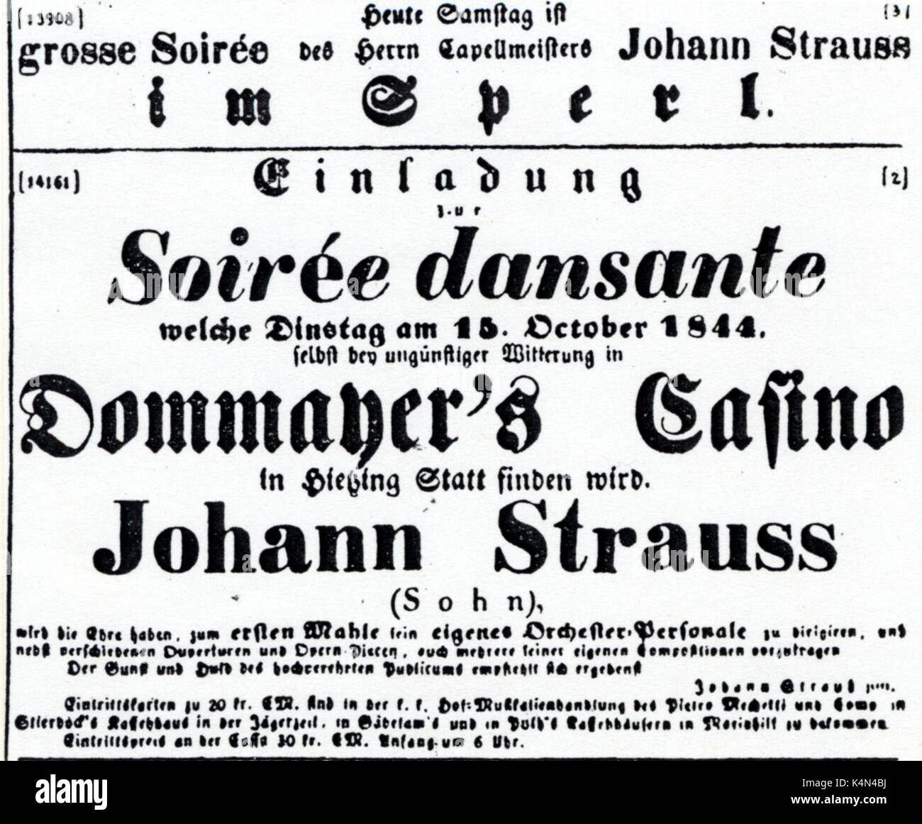 Notice for evening with Johann Strauss from Dommayer's Casino announcing dance evening (soiree dansante) on 15th October 1844. Stock Photo