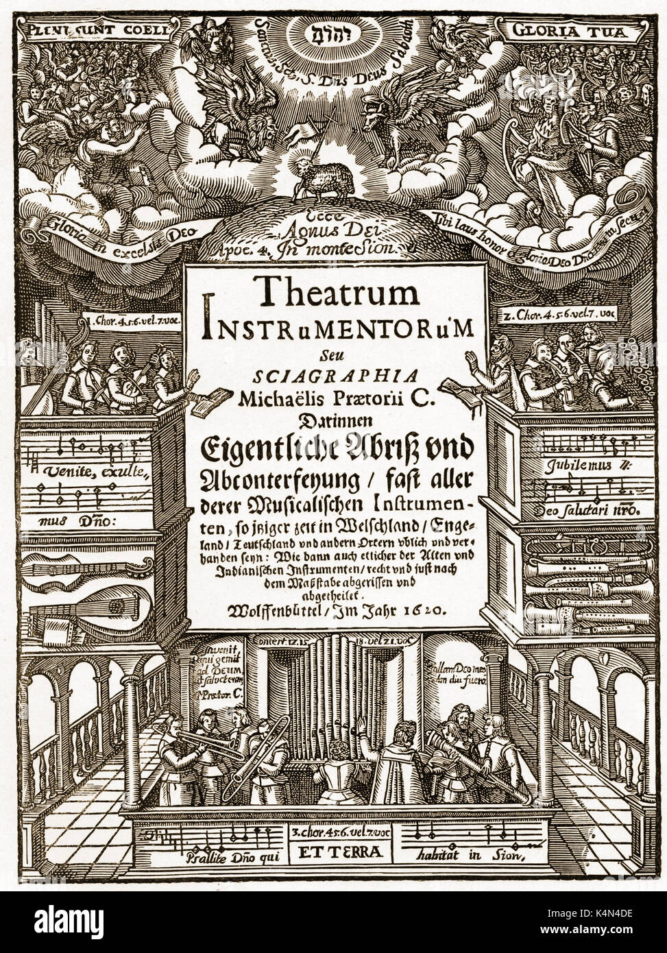 Michael Praetorius - title page of the German musician 's 'Theatrum Instrumentorum' (1620). Index of musical instruments, second part of Syntagma Musicum. MP, German musician, composer and theorist: 15 February 1571 - 15 February 1621. Stock Photo