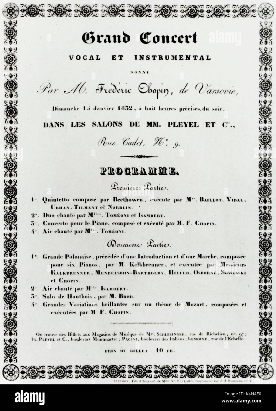 CHOPIN, Frederic  (Polish composer 1810 - 1849) - First programme of performance in Paris 1832, 15th January playing in Pleyel's salon. Stock Photo