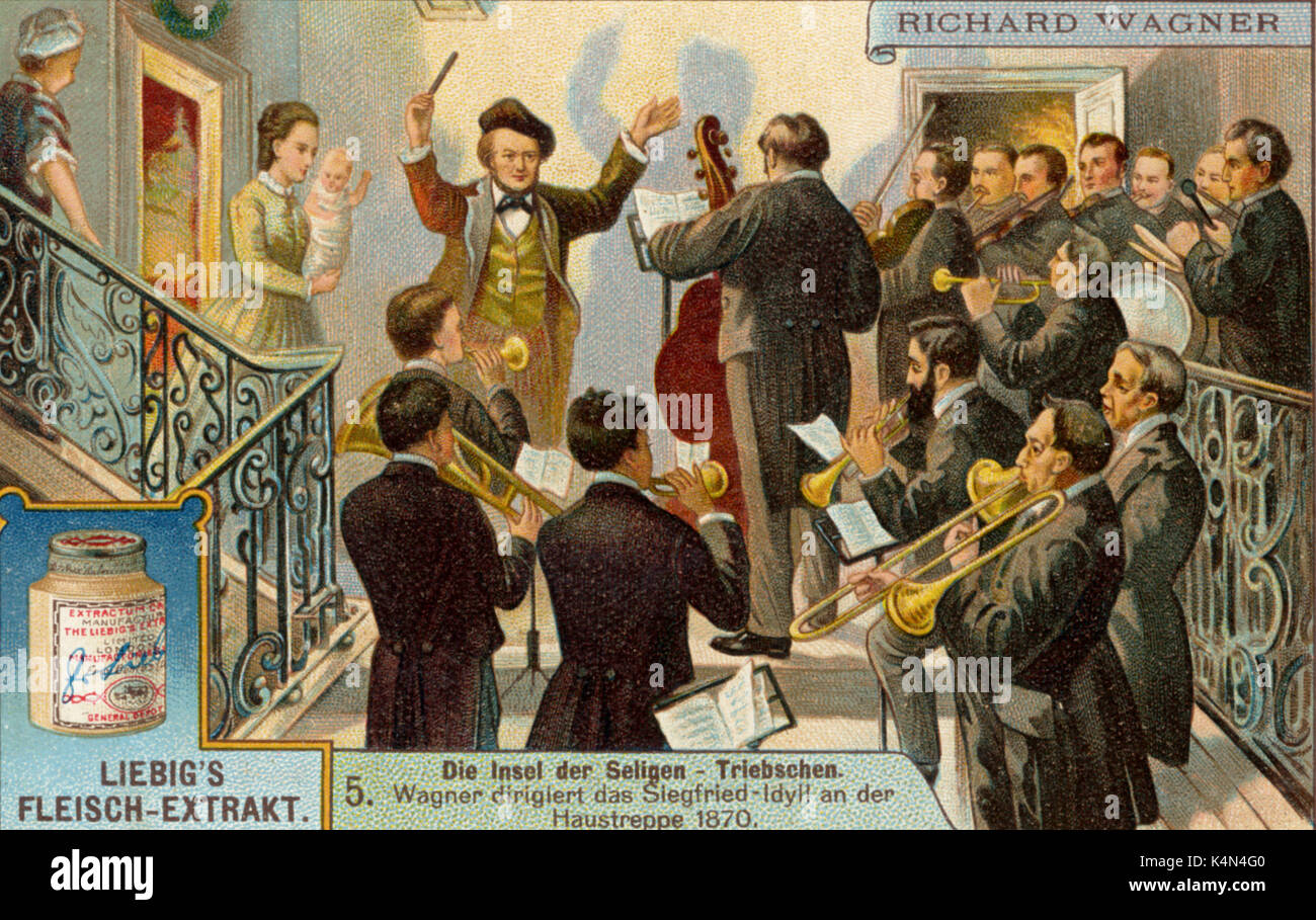 Richard Wagner conducting orchestra in 1870 playing the Siegfried Idyll on the front steps of Triebschen for his wife Cosima.   Advert for Leibig meat-extract - for energy Stock Photo