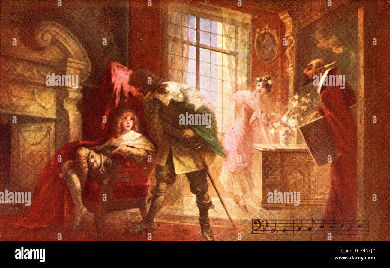 Mozart's 'Marriage of Figaro'. Austrian Composer. Scene where  Almaviva discovers Cherubino . 'Jetzt begreif ich, wie es steht' - Cherubino.  Wolfgang Amadeus Mozart 1756-1791 Stock Photo